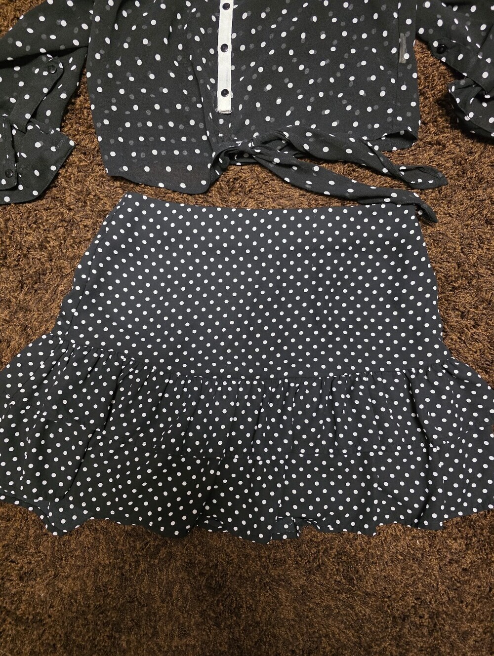 Black & White Polka Dot Two-Piece Set - Button Front Top & Ruffle Skirt - Picture 3 of 5